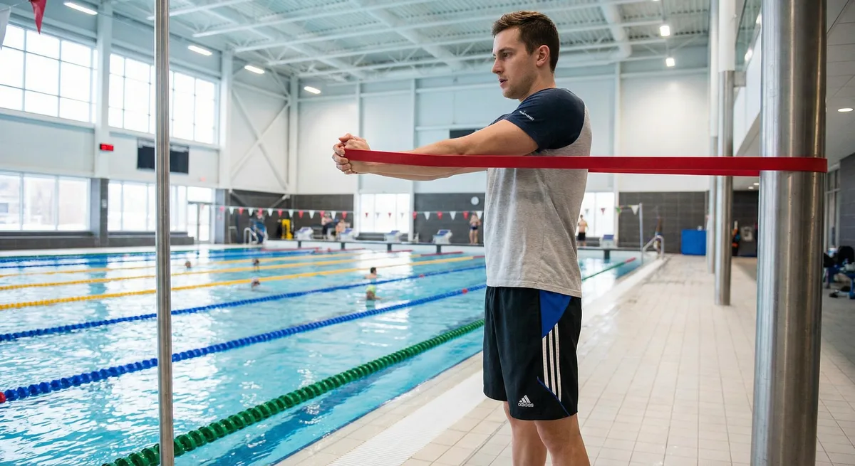 سباح محترف يقوم بتمارين القوة في صالة الألعاب الرياضية الحديثة