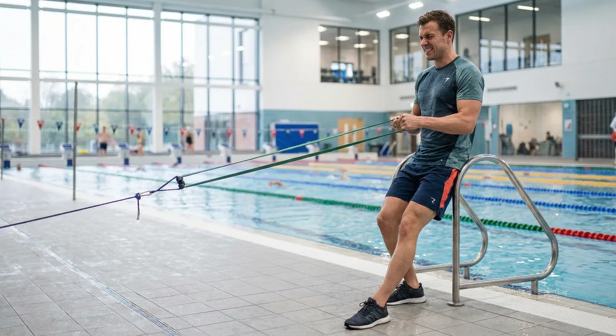 سباح يقوم بتمارين قوة مخصصة للكتفين والظهر باستخدام حبال مقاومة بجوار حوض السباحة