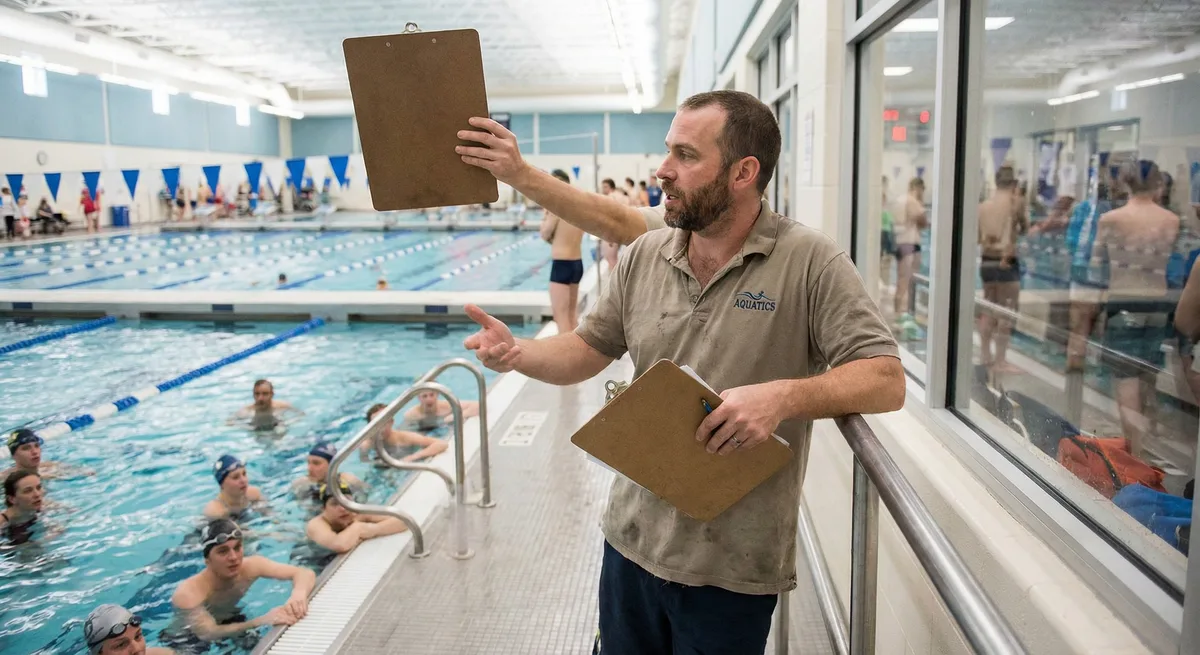 مدرب سباحة يقف على حافة حوض السباحة يشرح لسباحين شباب كيفية تحسين وضع الجسم وحركة الذراعين في الماء