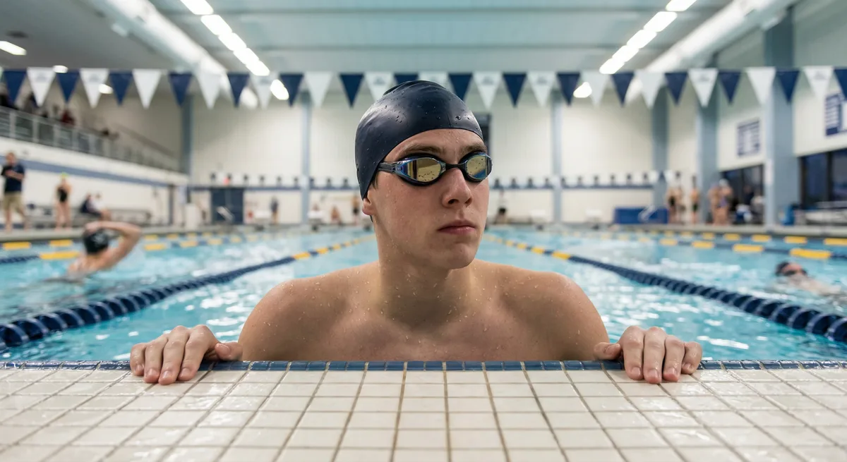 طفل سباح يتعلم أساسيات الطفو وحركة الساقين بمساعدة مدرب سباحة في حوض مخصص للناشئين