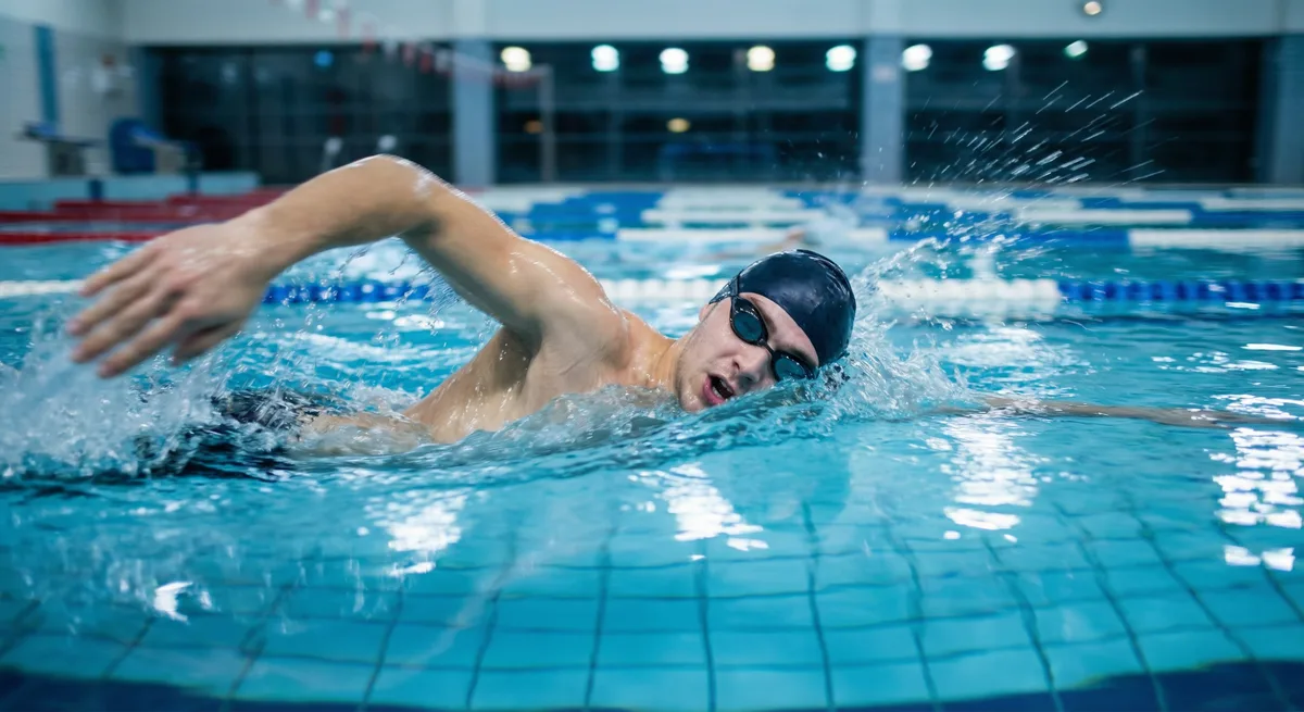 سباح شاب يسبح بأسلوب حر بسرعة عالية في حارة سباحة مع علامات المسافات على جانب الحوض